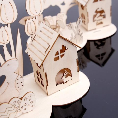 Easter DIY Wooden Puzzle Decoration Rabbit Egg Flower Small House Scene Desktop Tabletop Ornament Easter Party Decor