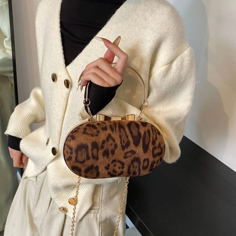 Borsa da Sera Donna con Stampa Leopardata Clutch Elegante con Manico ad Anello in Metallo Oro e Tracolla a Catena per Feste