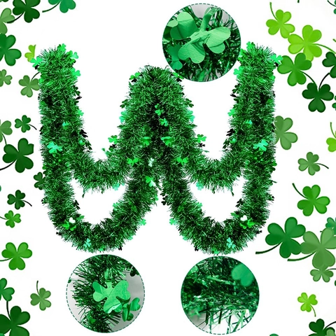 Ghirlanda di Tinsel Festiva del Giorno di San Patrizio Trifoglio Portafortuna Verde per Decorazioni Appese a Casa Festa Irlandese