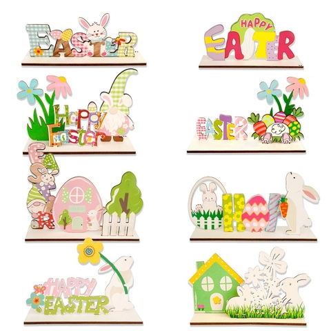 Decoración de Escritorio de Madera de Pascua Conejo Huevo Floral Adornos de Mesa Fiesta Festiva DIY Impresión en Color 3D Letrero de Madera
