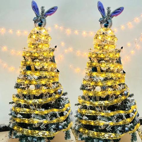 Easter LED Ribbon Lights Gilded Bunny Egg Print Sheer Organza Decorative Ribbon For Holiday Party Home Tree Decoration