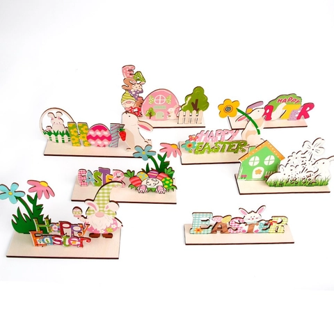 Decoración de Escritorio de Madera de Pascua Conejo Huevo Floral Adornos de Mesa Fiesta Festiva DIY Impresión en Color 3D Letrero de Madera
