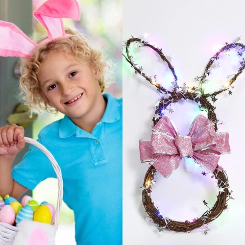 Ghirlanda in Rattan a Forma di Coniglio di Pasqua Con Luci a LED Pieghevole Fiocco Rosa Stella Ciondolo Decorazione Festa Casa