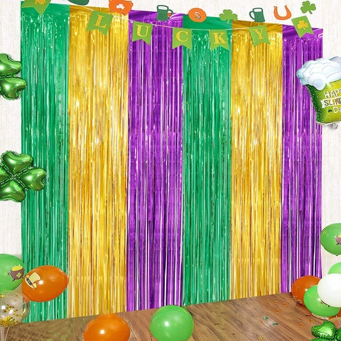 Tenda a Frange di Lamina per Mardi Gras San Patrizio Sfondo Verde Oro Viola Frange Luccicanti per Decorazioni Festa Compleanno Matrimonio