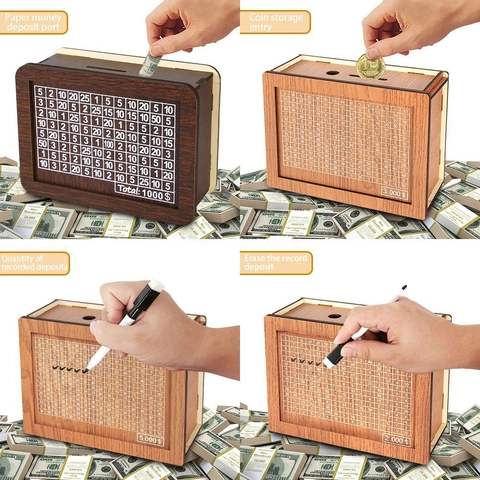Hucha de Madera Con Contador Desafío de Ahorro Hucha Decorativa para Adultos Niños Efectivo Monedas Tarro de Ahorro Decoración del Hogar