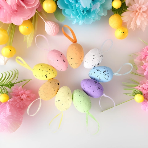 Ornamenti da Appendere di Uova di Pasqua in Schiuma Picchiettata Multicolore Macaron Uova Artificiali Con Nastri per Festa Decorazione