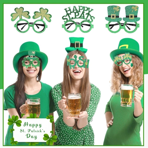 St. Patrick's Day Party Glasses Green Glitter Shamrock Leprechaun Hat Irish Costume Eyeglasses For Irish Festival Decoration