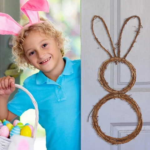 Handmade Rattan Rabbit Wreath Rustic Natural Vine Bunny Hanging Ornament For Easter Party Home Wall Door DIY Decor