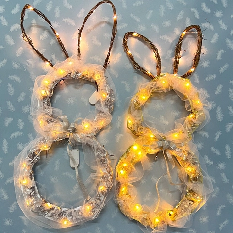 Easter Bunny Wreath LED Lighted Wreath Foldable Rabbit Garland Mesh Ribbon Bowknot Decoration Holiday Party Wall Hanging Ornament