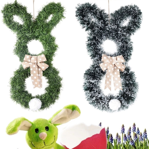 Ghirlanda Pasquale a Forma di Coniglio Con Luci LED Ghirlanda Verde Tinsel Fiocco a Pois Decorazione da Appendere alla Porta