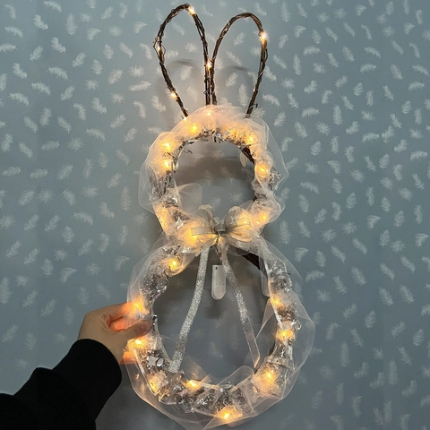 Pasen Konijn Krans LED Licht Rotan Konijn Decoratie Witte Mesh Strik Hangend Ornament Voor Vakantie Feest Huis Wand