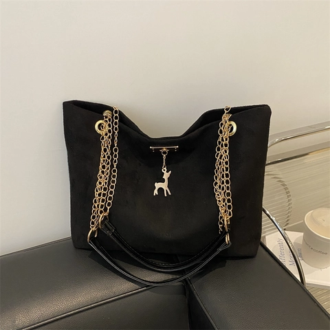 Bolso Tote de Gamuza Sintética Vintage para Mujer Cadena Dorada Con Colgante de Ciervo Gran Capacidad Bolso de Hombro Invierno