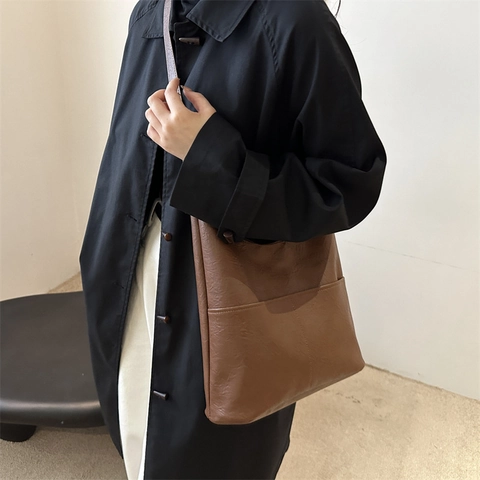 Dames Grote Capaciteit PU Leer Schoudertas Retro Minimalistisch Stiksels Grote Hobo Draagtas Voor Dagelijks Woon-werkverkeer Reizen