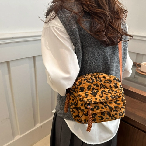 Damen Vintage Leopard Muster Cord Umhängetasche Korean Style Kleine Quadratische Crossbody Tasche Mit Verstellbarem Gurt Reißverschluss
