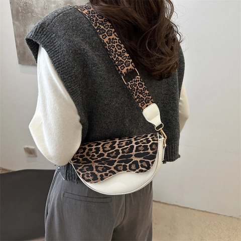 Borsa a Sella Vintage con Stampa Leopardata da Donna in Pelle PU Moda Tracolla Larga Borsa a Spalla Stile Retrò