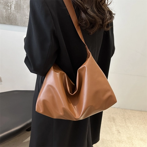 Women Large Capacity PU Leather Shoulder Bag Retro Minimalist Tote Bag Korean Style Solid Color Zip Closure Casual Hobo Handbag