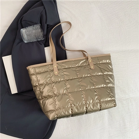 Women Large Capacity Quilted Tote Bag Metallic Padded Shoulder Bag High Gloss Down Handbag For Travel Daily Use Shopping