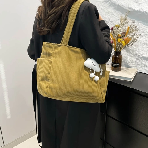 Bolso Tote de Pana de Gran Capacidad para Mujer Color Sólido Bolso de Hombro Con Colgante de Nube Cremallera Bolso Diario