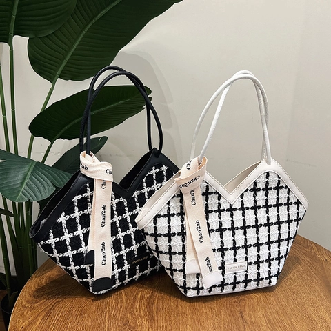 Elegante Bolso Tote de Tweed a Cuadros para Mujer Gran Capacidad Bolso de Hombro Con Decoración de Cinta Apertura en V Bolso Casual