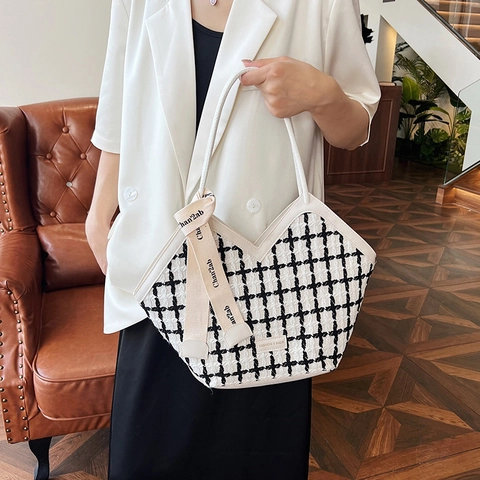 Elegante Bolso Tote de Tweed a Cuadros para Mujer Gran Capacidad Bolso de Hombro Con Decoración de Cinta Apertura en V Bolso Casual