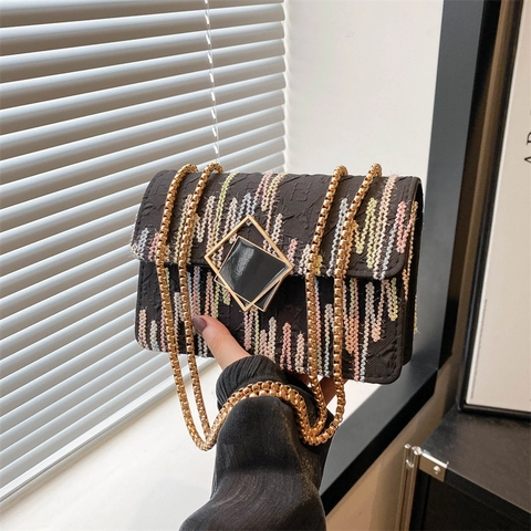 Women Trendy PU Leather Shoulder Bag Colorful Embroidery Gold Chain Small Square Crossbody Bag For Daily Commuting