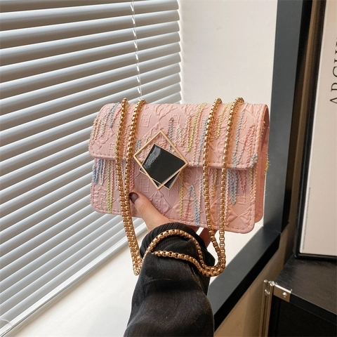 Borsa Quadrata Piccola da Donna con Ricamo Colorato Borsa a Spalla a Tracolla con Catena in Oro in Pelle PU di Lusso Chiusura Geometrica Retrò
