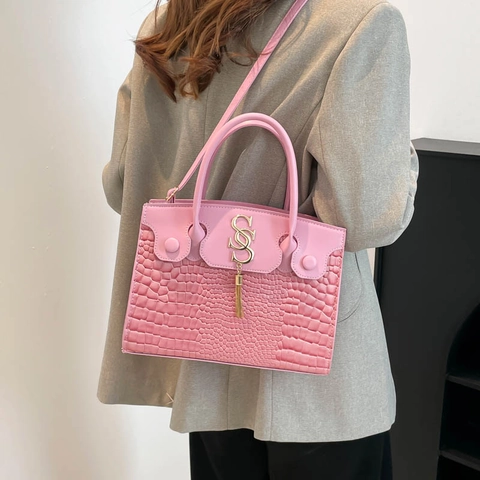 Borsa a Mano Quadrata da Donna Retro con Motivo Coccodrillo in Pelle PU Vintage Borsa a Tracolla Ciondolo a Nappa Chic S Logo in Metallo