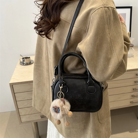 Retro Women Shoulder Bag Lucky Letter Embossed PU Leather Handbag With Plush Charm Daily Fashion Crossbody Messenger Bag