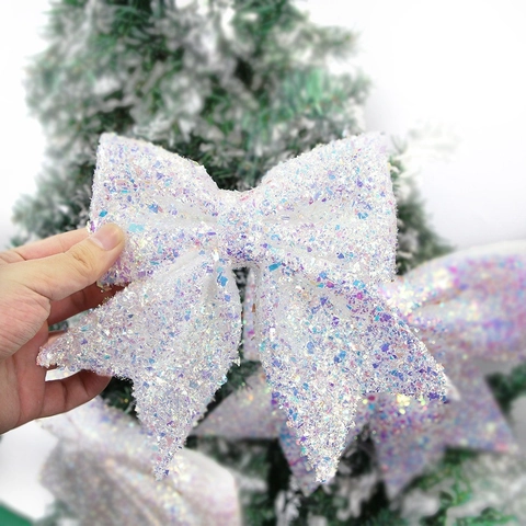 Christmas Iridescent Sequin Bowknot Tree Hanging Decoration Shiny Pearl Cotton Large Bow Ornament Festival Home Party Decor