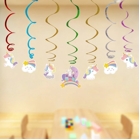 Decorazioni per Feste a Spirale Appese a Forma di Animali Cartoni Animati Unicorni Dinosauri Carta PET Laser per Compleanno