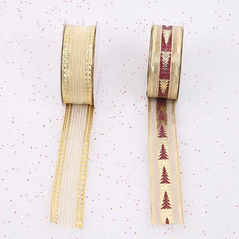 Christmas Tree Decoration Ribbon Wired Edge DIY Wreath Garland Gift Wrapping Polyester Bronzing Glitter Ribbons For Holiday Party