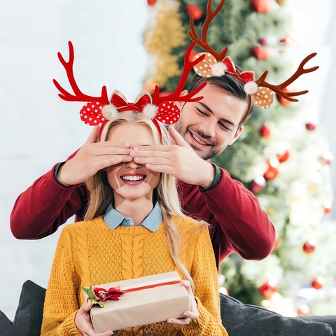 Cerchietto per Capelli con Corna di Renna di Natale con Fiocco a Pois e Pompon Accessorio per Capelli Festivo per Bambini Donna Decorazione per Feste