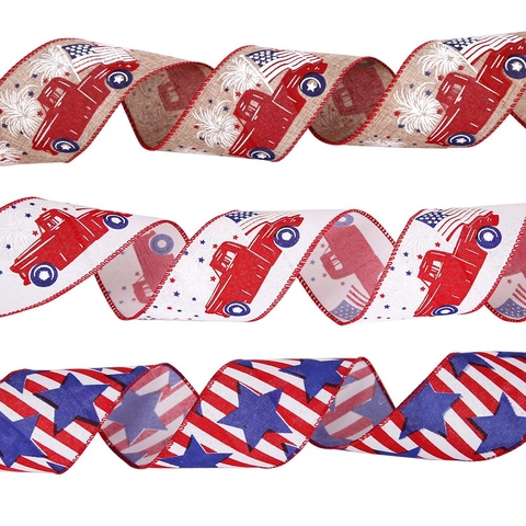 Patriotic US Independence Day Decorative Ribbon Rolls Polyester Burlap Look July 4th Party Decor Printed Ribbon For DIY Crafts Gift Wrapping