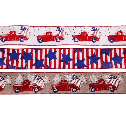 Patriotic Decorative Ribbon Independence Day Burlap Wired Ribbon Vintage Truck American Flag Star Print Festive Party Ornament