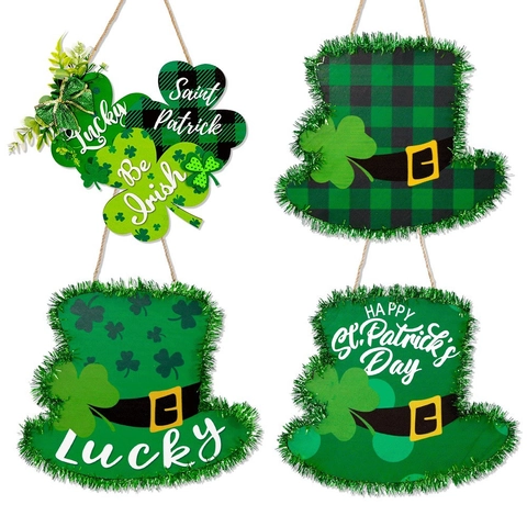 St. Patrick's Day Targa Appesa in Legno Verde Trifoglio Cilindro Irlandese per Casa Porta Parete Decorazione Festa Ornamento Festival Irlandese