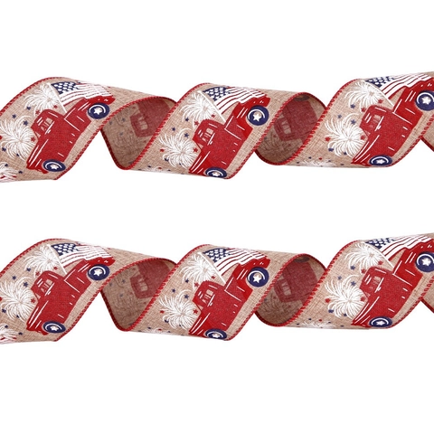 Independence Day Burlap Ribbon Patriotic Red Truck American Flag Star Pattern July 4th Decoration Gift Wrapping Ribbon