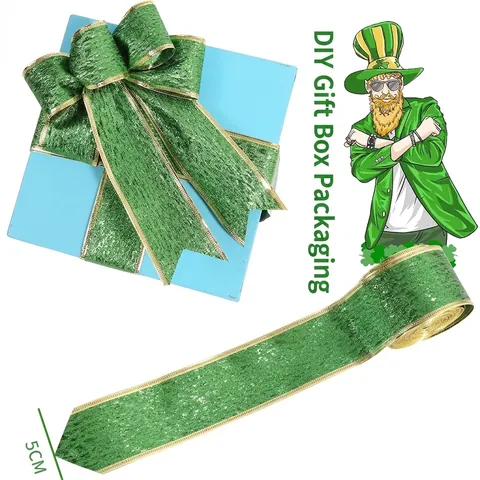 Ruban Filaire Vert pour la Saint-Patrick Avec Bords Dorés Nœud Décoratif Thème Trèfle pour Emballage Cadeau DIY Articles de Fête