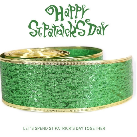 Ruban Filaire Vert pour la Saint-Patrick Avec Bords Dorés Nœud Décoratif Thème Trèfle pour Emballage Cadeau DIY Articles de Fête