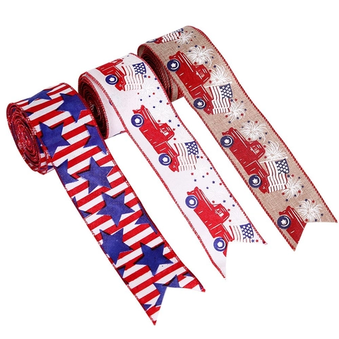 Independence Day Burlap Ribbon Patriotic Red Truck American Flag Star Pattern July 4th Decoration Gift Wrapping Ribbon