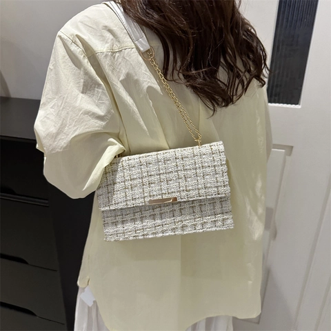 Bolso de Hombro con Cadena de Tweed Vintage para Mujer Bolso Bandolera de Moda Bolso Cuadrado Pequeño con Solapa Elegante Diario