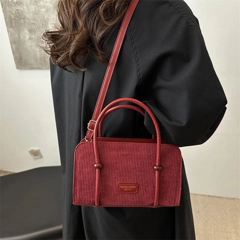 Women Retro Corduroy Shoulder Bag Vintage Vertical Stripe Underarm Bag Square Crossbody Bag With PU Leather Handle For Commute