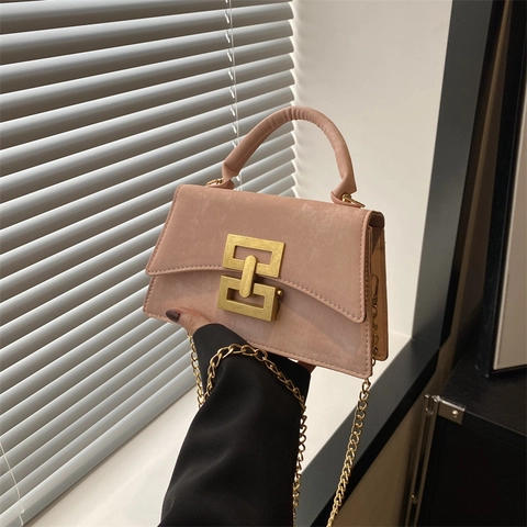 Women Retro PU Leather Shoulder Bag Fashion Small Square Crossbody Bag With Chain Strap And Geometric Metal Lock Daily Handbag
