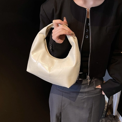 French Minimalist Women PU Leather Handbag Unique Geometric Patchwork Stitching Hobo Bag Casual Daily Shoulder Bag With Zipper