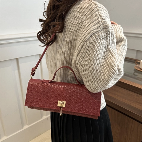 Damen Mode Gewebte Textur Umhängetasche Kunstleder Rechteckige Handtasche Mit Goldschloss Kleine Schultertasche Täglich Tasche