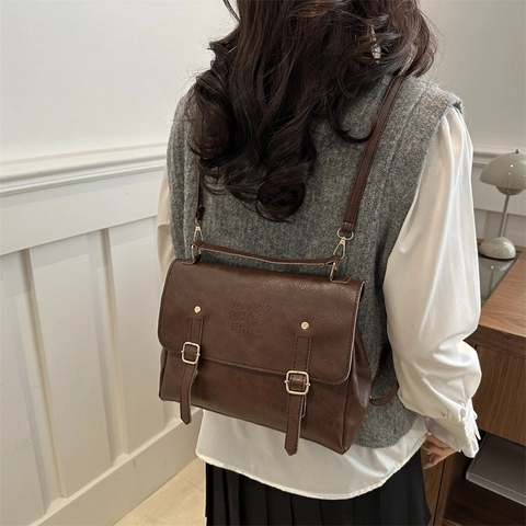 Women Retro PU Leather Backpack Preppy Style Flap Shoulder Bag Large Capacity Handbag Casual Square Briefcase School Bag