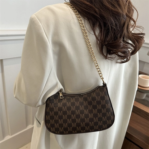 Women PU Leather Crescent Underarm Bag Vintage Monogram Leopard Print Shoulder Bag With Gold Chain Strap Trendy Hobo Bag