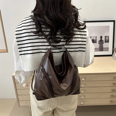 Borsa Tote in Pelle PU Vintage Grande Capacità per Donna Borsa a Tracolla Minimalista con Cerniera Zaino Moda
