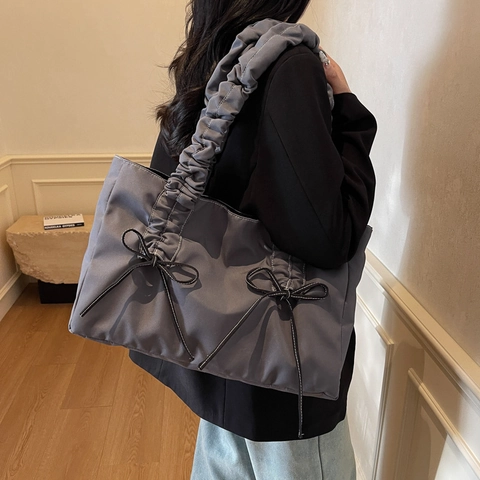 Damen Tote Bag Große Kapazität Mit Schleife Plissiertem Schultergurt Canvas Casual Pendeln Schultertasche