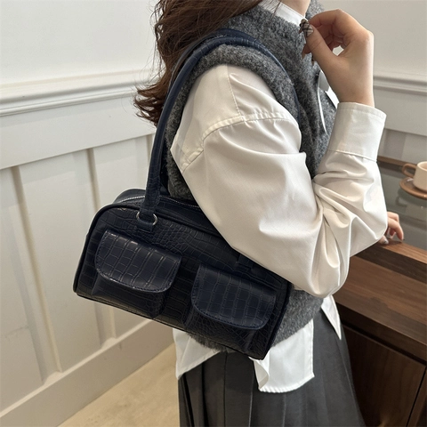 Trendige Krokodil Geprägte PU Leder Schultertasche Für Damen Retro Tote Tasche Mit Doppelten Vordertaschen Casual Unterarmtasche