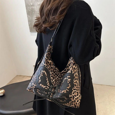 Borsa a Tracolla da Donna con Fiocco e Stampa Leopardata Retro Stringata Grande Capacità Tote Bag Moda Pendolare Borsa Hobo in Pelle Sintetica